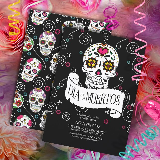 Invitation Jour des crânes de sucre morts Black ID725 (Front/Back In Situ)