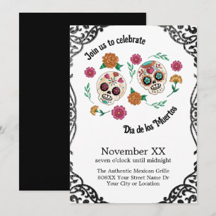 Invitation Jour des Crânes et fleurs de sucre morts