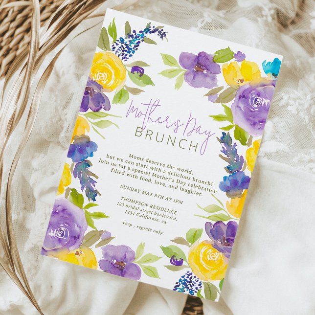 Invitation Jour des mères florales jaunes de lavande de Boho (Boho lavender yellow floral mother's day invitation)