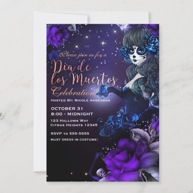 Invitation Jour des Morts Violet Bleu Dia de los Muertos (Devant)