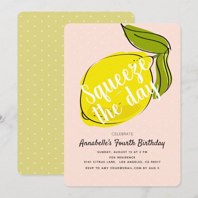 Invitation Jour Lemon CItrus rose Girl Anniversaire (Devant / Derrière)