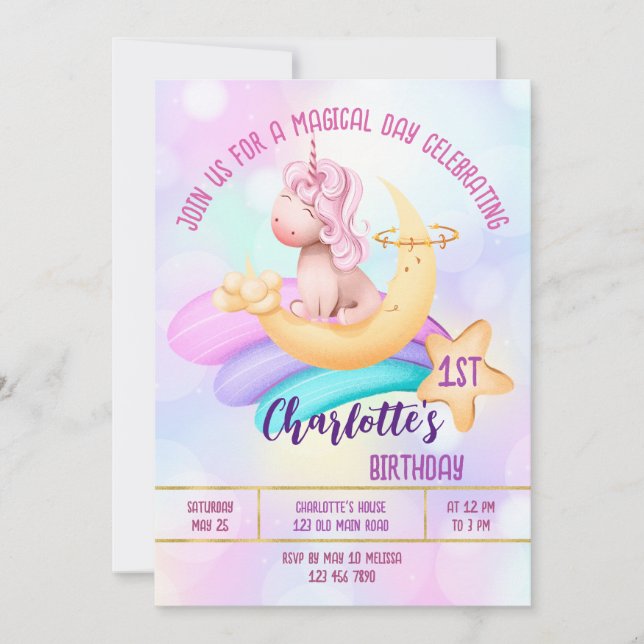 Invitation Jour magique arc-en-ciel licorne anniversaire invi (Devant)