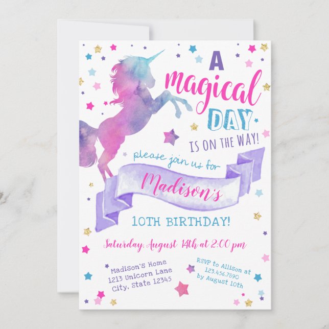 Invitation Jour magique Unicorn Tie Dye Anniversaire Invitati (Devant)