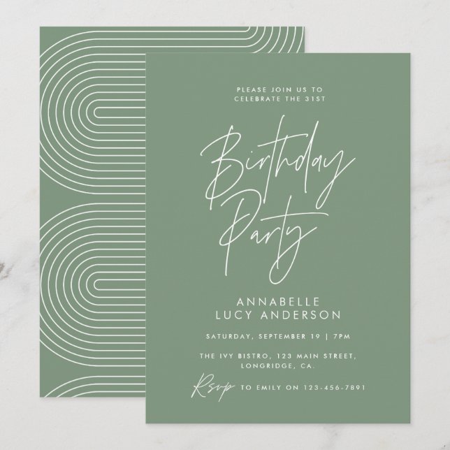 Invitation Jour vert géométrique de script minimal moderne (Devant / Derrière)