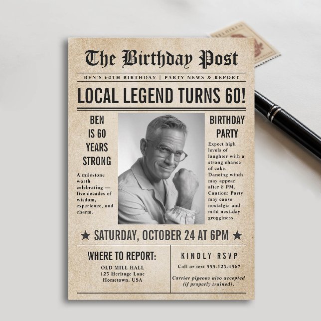 Invitation Journal Anniversaire Nouvelles drôle Hommes humori (60th birthday party for men invitation card photo template vintage newspaper news funny humorous)