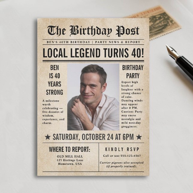 Invitation Journal Anniversaire Nouvelles drôle Hommes humori (40th birthday party for men invitation card photo template vintage newspaper news funny humorous)