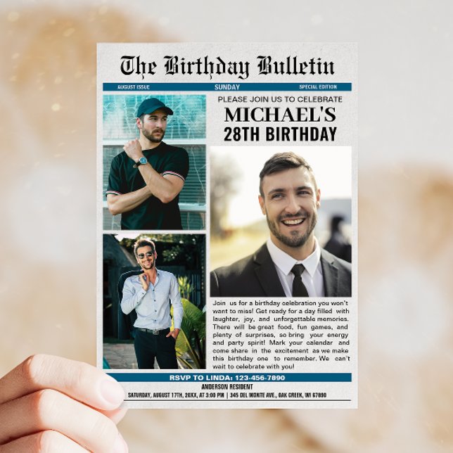 Invitation Journal avec photos N'importe quel âge Anniversair (Celebrate your birthday in style with a newspaper design invitation that adds fun and flair!)
