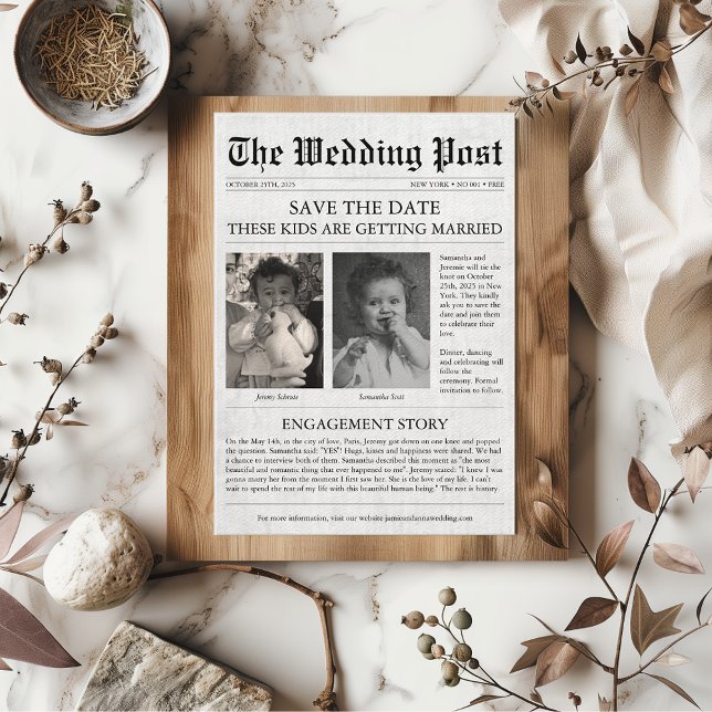 Invitation Journal Funny Unique Kids Save the Date Mariage (Newspaper "these kids are getting married" funny retro unique quirky save the date)