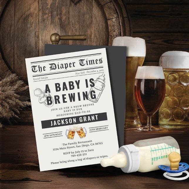 Invitation Journal Un bébé fait la fête de la couche (Newspaper A Baby is Brewing Diaper Party Invitation)