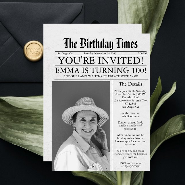 Invitation Journal Unique Fun 100e anniversaire Photo Party (Créateur téléchargé)