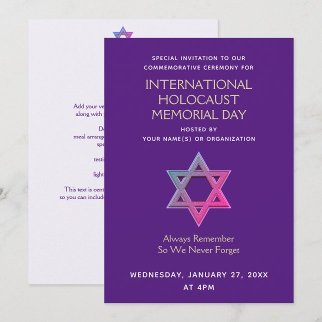Invitation Journée commémorative de l'Holocauste (Devant / Derrière)