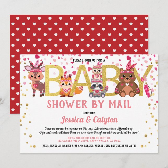 Invitation Journée de Valentines Baby shower animal boisé par (Devant / Derrière)