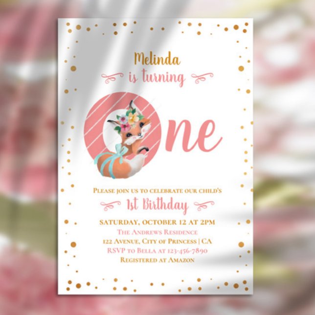 Invitation Jovely Fox Illustration Girl 1er anniversaire (Créateur téléchargé)