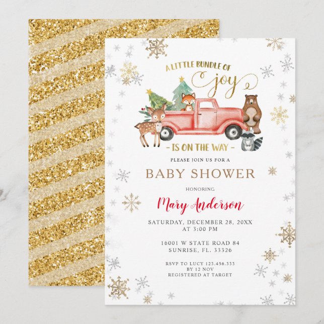 Invitation Joy Christmas Red Truck Baby shower est en route (Devant / Derrière)