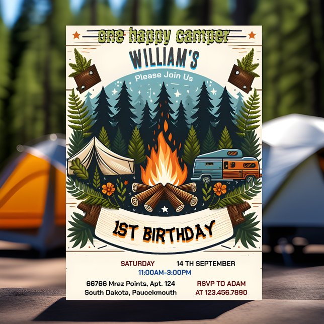 Invitation Joy Cute Nature Boys One Happy Camper 1er Annivers (Créateur téléchargé)