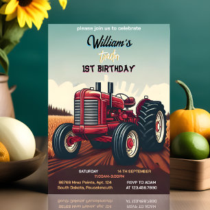 Invitation Joy kids retro garçon cool tracteur premier 1er an