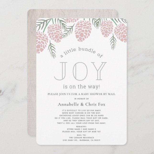 Invitation Joy Pine Pink Cone Baby shower par courrier (Devant / Derrière)