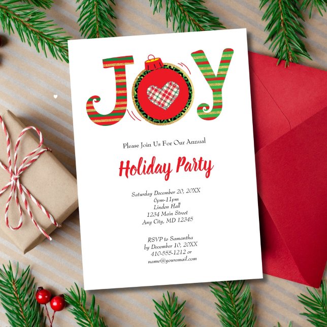 Invitation Joy Red Green Noël Fête de Noël (Joy Christmas Holiday Hanukkah Party Invitation. Printed or Instant digital Download)