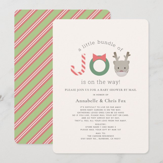 Invitation Joy Reindeer Mask Baby shower de vacances par cour (Devant / Derrière)