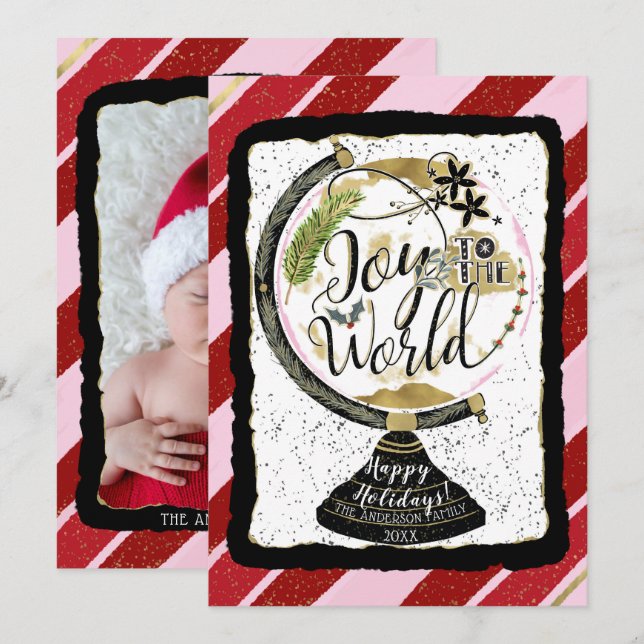 Invitation Joy to the World Global Holiday Pink & Red Stripes (Devant / Derrière)