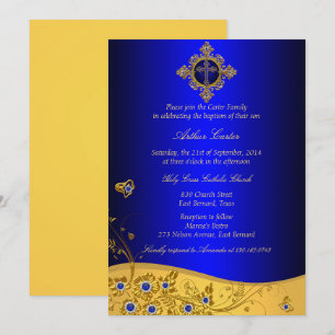 Invitation Joyau bleu royal Floral & Cross Baptême