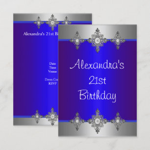 Invitation Joyau d'argent bleu élégant 21e anniversaire
