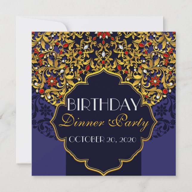 Invitation Joyau de luxe Blue Red Gold Dîner d'anniversaire (Devant)