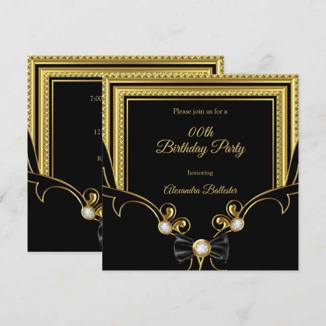 Invitation Joyau d'or élégant Bow noir fête d'anniversaire (Devant / Derrière)