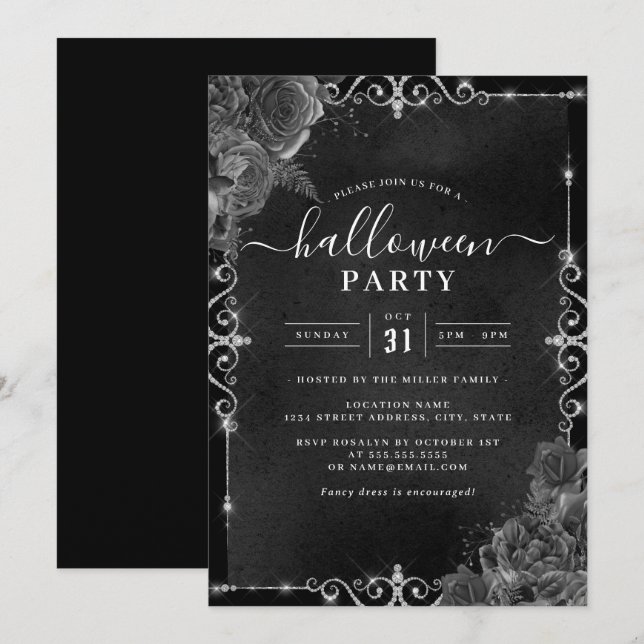 Invitation Joyau floral Éffrayant foncé Fête d'Halloween (Devant / Derrière)