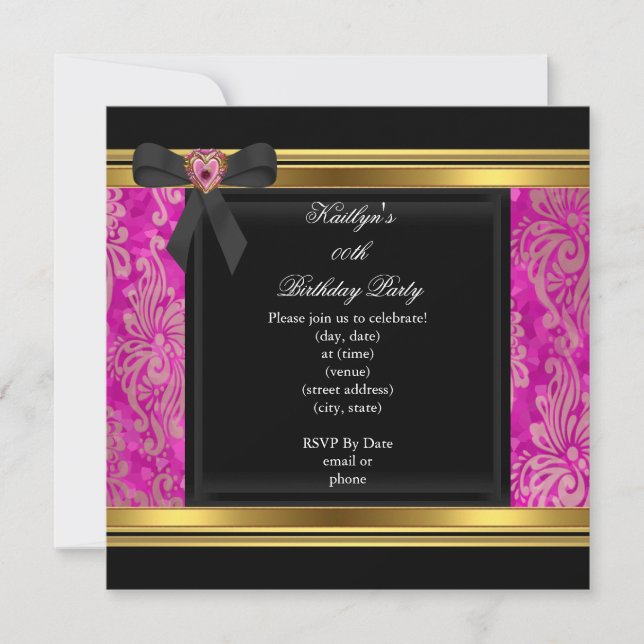 Invitation Joyau noir rose Damas de fête (Devant)