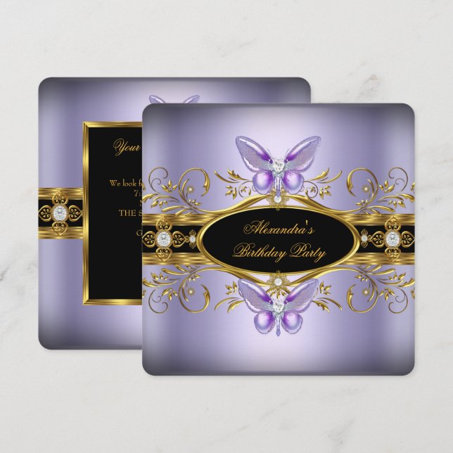 Invitation Joyau noir violet or Fête d'anniversaire (Devant / Derrière)