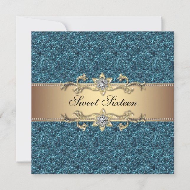 Invitation Joyau turquoise Blue Gold Classy Sweet sixteen (Devant)