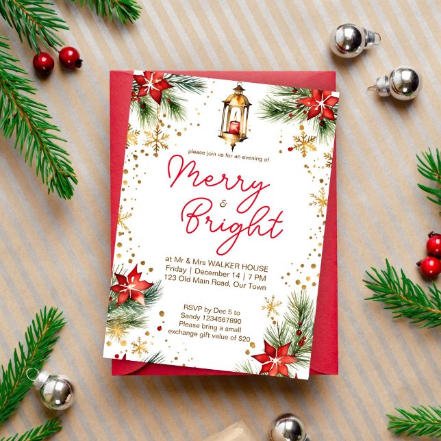 Invitation Joyeuse et brillante lanterne du dîner de Noël (Merry and bright Christmas dinner party editable template invitation digital download poinsettia )