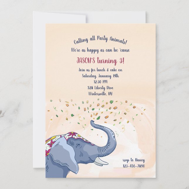 Invitation Joyeuse fête d'anniversaire des éléphants (Devant)