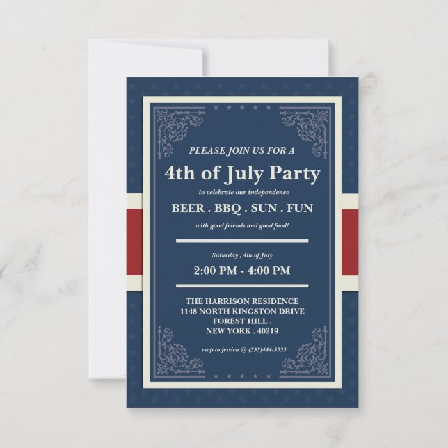 Invitation Joyeuse fête de l'indépendance 4 juillet (Devant)
