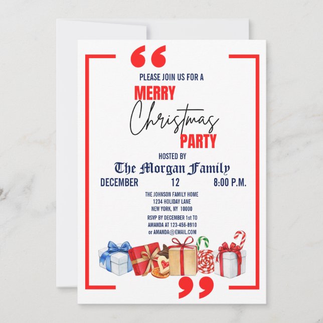 Invitation Joyeuse fête de Noël, Bleu Rouge Blanc Noël (Devant)