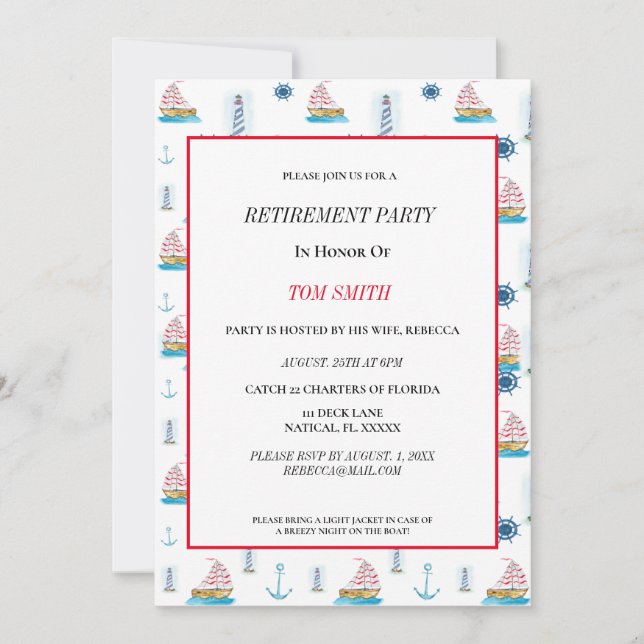 Invitation Joyeuse fête de retraite aquarelle Nautique (Devant)