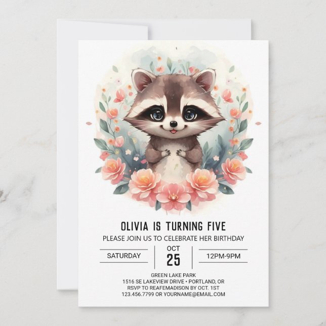 Invitation Joyeuse fille au raton laveur numérique anniversai (Devant)