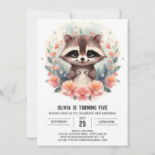 Invitation Joyeuse fille au raton laveur numérique anniversai