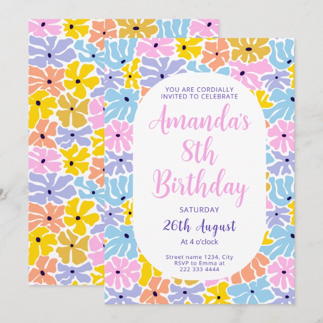 Invitation Joyeuse Fleur Fiesta Anniversaire (Devant / Derrière)