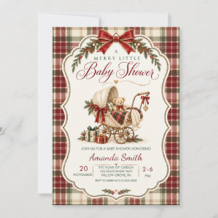 Invitation Joyeuse petite Baby Shower Tartan Poussette de Noë