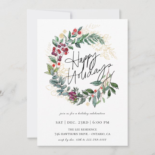 Invitation Joyeuses fêtes La couronne botanique de Noël (Devant)