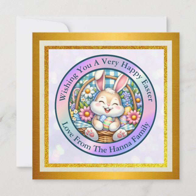 Invitation Joyeuses Pâques avec un lapin mignon, des œufs et  (Devant)