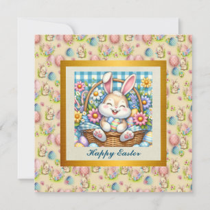 Invitation Joyeuses Pâques avec un lapin mignon, des œufs et 