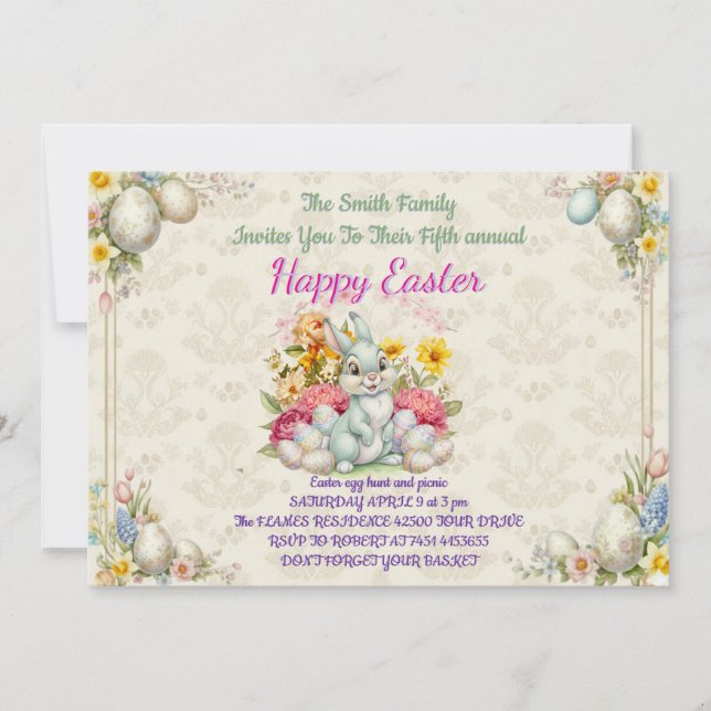 Invitation Joyeuses Pâques Lapin Mignon (Devant)