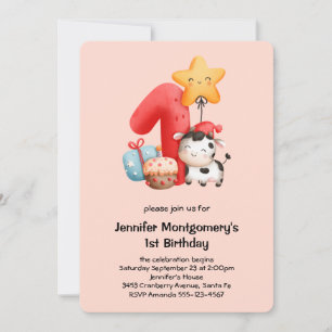 Invitation Joyeux 1er anniversaire à la vache heureuse et mig