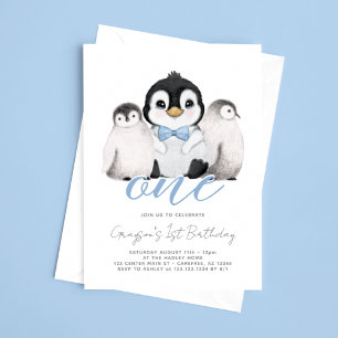 Invitation Joyeux 1er Anniversaire aux Enfants Manchots Migno