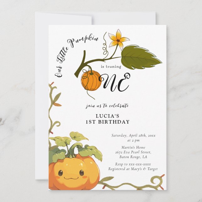 Invitation Joyeux 1er Anniversaire Terre Citrouille Souriante (Devant)