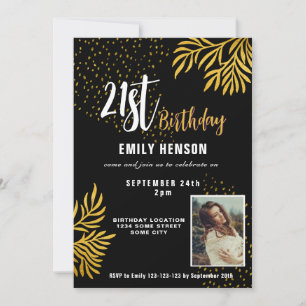 Invitation Joyeux 21e anniversaire Gold Foliage Photo Party