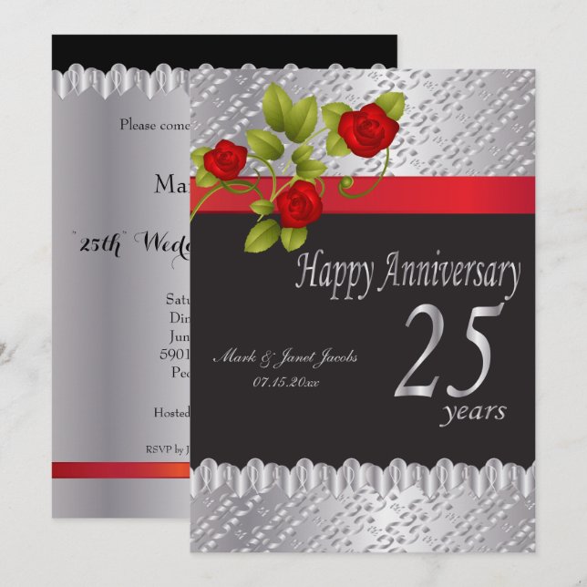 Invitation Joyeux 25e anniversaire d'argent (Devant / Derrière)